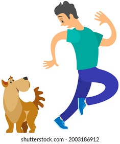 Man frightened by dog suffers from cynophobia, human fear concept. Person looking scared at dog is afraid of animal. Male character shaking, trembling with fear of dogs isolated on white background