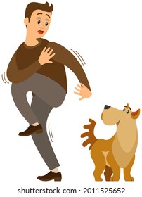 Man frightened by dog suffers from cynophobia, human fear concept. Person looking scared at dog is afraid of animal. Male character shaking, trembling with fear of dogs isolated on white background