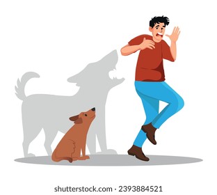 Man frightened by dog suffers from cynophobia, human fear concept. Person looking scared at dog is afraid of animal. Male character shaking, trembling with fear of dogs isolated on white background