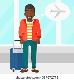 Hombre asustado por un vuelo futuro.