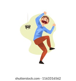 Man frightened by spider, guy suffering from arachnophobia, human fear concept vector Illustration on a white background