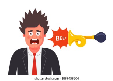 The Man Was Frightened By The Unexpected Sound. Scare A Person With A Loud Beep. Flat Vector Character Illustration.