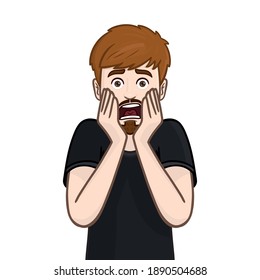 man is frightened and grabs his face with both hands. scared, stunned, upper body, avatar, isolated.