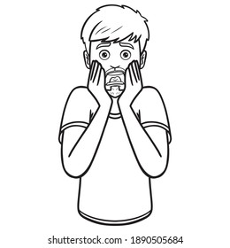 man is frightened and grabs his face with both hands. fear, stunned, upper body, avatar, isolated, comic, monochrome, outline.