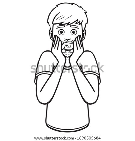man is frightened and grabs his face with both hands. fear, stunned, upper body, avatar, isolated, comic, monochrome, outline.