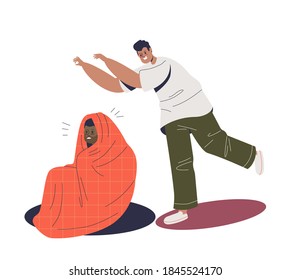 Man frightening scared boy hiding and covered with blanket in bad joke. Upset fearful cartoon male. Fear and abuse concept. Flat vector illustration