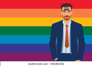man in fron of lgbtq flag. lgbt concept.