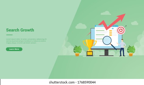Man in front big screen search growth to achieve target campaign for web website home homepage landing template banner with cartoon style.