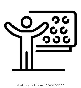 Hombre frente a un icono de la pizarra. Hombre de esquema delante de un icono de vector de pizarra para el diseño web aislado en fondo blanco