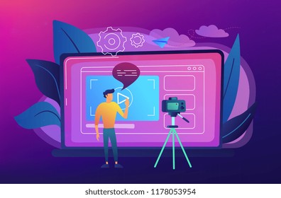 A man in front of camera recording a video to share it in internet. Vloger shares a bradcast in blog or video log. Video bloging, web television or embedded video concept. Vector illustration.