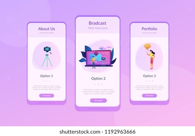 A man in front of camera recording a video to share it in internet. Vloger shares a bradcast in blog or video log. Video bloging, web television or embedded video concept. App interface template.