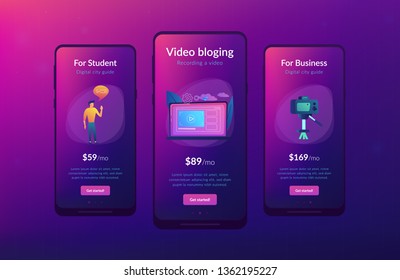 Ein Mann vor der Kamera, der ein Video aufnimmt, um es im Internet zu teilen. Vloger teilt einen Bradcast in Blog oder Video-Log. Video-Blogging, Web-TV oder Embedded-Video-Konzept. Vorlage für die App-Schnittstelle.