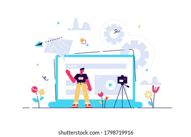 A man in front of camera recording a video to share it in internet. Vloger shares a bradcast in blog or video log. Video bloging, web television or embedded video concept. Violet palette. Vector.