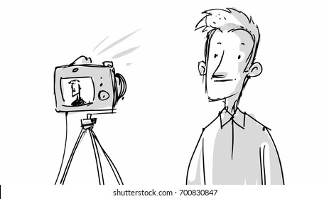 Man In Front Of A Camera. Vector Sketch For Storyboard, Projects, Cartoons