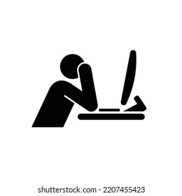 Man in front of computer burnout concept icon symbol vector. Sad character in office holding his head in front of his computer screen. 