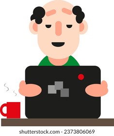 Man in front of a computer and coffee, illustration or icon, vector on white background.