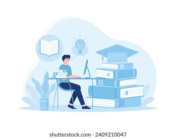 man in front of computer doing assignments online learning concept trending concept flat illustration