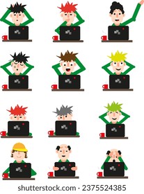 Man in front of a computer icon set, illustration or icon, vector on white background.