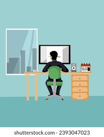 man in front of computer illustration, office man
