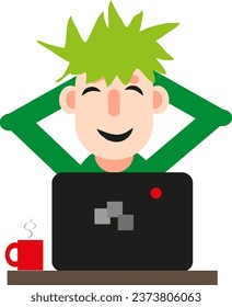 Man in front of a computer laughs, illustration or icon, vector on white background.