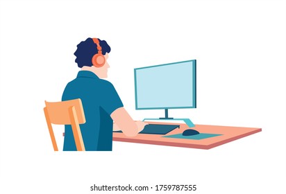 A man in front of a computer. Male freelancer working from home. The designer makes a customer order. Earnings at distances. Potable approx. Full time work. Work at half rate. Isolated background