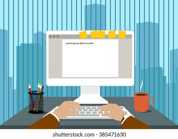man in front of a computer monitor in the workplace flat style