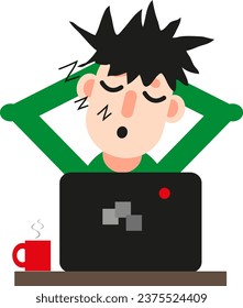 Man in front of a computer sleeping, illustration or icon, vector on white background.
