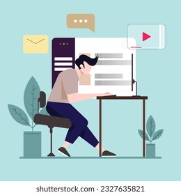 man is in front of the computer working, and listening to streaming music. flat design vector.