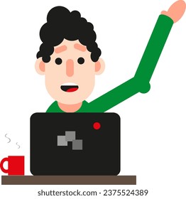 Man in front of a computer yells, illustration or icon, vector on white background.
