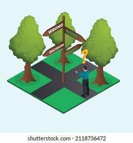 Man in front of crossroad and signpost arrows shows choice to be made isometric 3d vector illustration concept banner, website, landing page, ads, flyer template