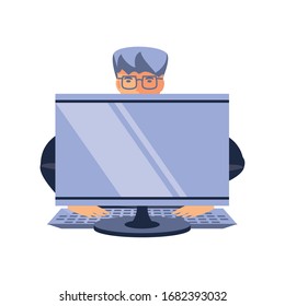 man in front a the desktop computer, online education vector illustration design