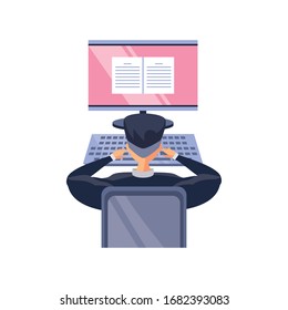 man in front a the desktop computer, online education vector illustration design