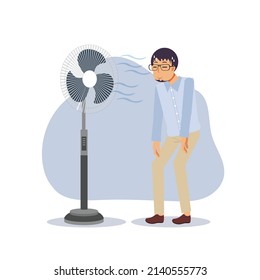 A man in front of an electric fan on hot summer days.a man cool his bodies in front of fan.Flat Vector cartoon illustration.