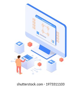 Man in front of a giant computer with data. Blockchain technology concept. Vector illustration in isometric style. Isolated on white background