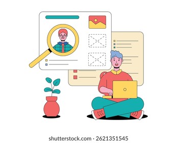 The man in front of the laptop is analyzing the profile data of candidates, private information. Character design. Vector flat illustration