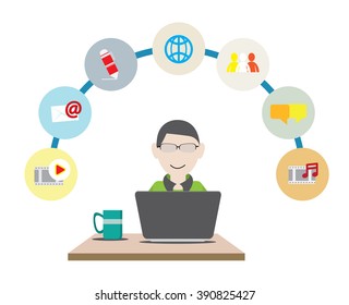Man in front of laptop Concept. with Flat icon Design.  Vector Illustration 