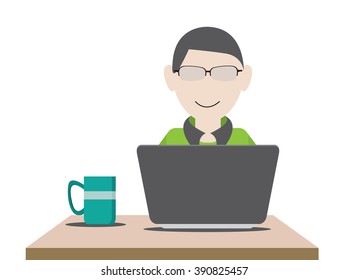 Man in front of laptop Concept. Flat Design. Vector Illustration