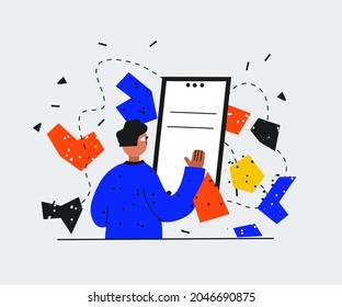 a man in front of a large digital screen.the guy looks at the phone screen.concept of mobile applications and internet communication.Vibrant flat in the Korean style.Online business correspondence
