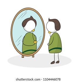 Man in front of the mirror. Looking himself in the mirror. Man checking his appearance in the mirror
