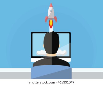 Man in front of pc with a rocket taking off. Startup concept.