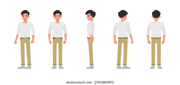 El frente, el lado y la vista posterior del hombre visten el sistema blanco del diseño de la historieta de la Ilustración vectorial del carácter de la camisa.