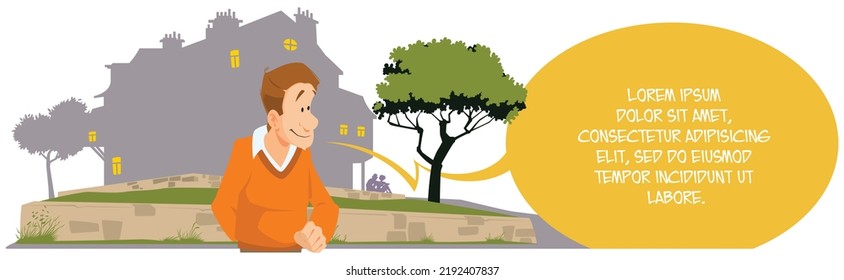 Man in front of suburban landscape. Cottage development in city. Illustration concept template for website, web landing page, banner, presentation, social, poster, promotion or print media.