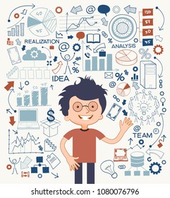 Man in front of a wall with graphs, business icons and statistics around.