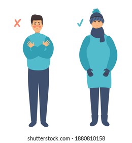 man froze. Frostbite concept banner. Cartoon illustration of frostbite vector concept banner. the man is cold and the man is warmly dressed. flat design. for infographic.