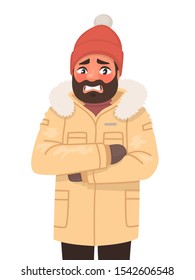 The man is frozen and trembling. Cold weather. Winter. Vector illustration in cartoon style