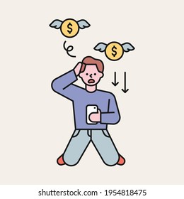 A Man Frustrated After Losing Money In Stock. Flat Design Style Minimal Vector Illustration.