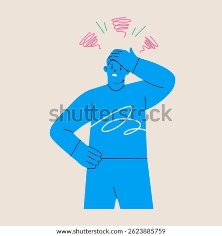 Man frustrated has one hand covering his face. Colorful vector illustration