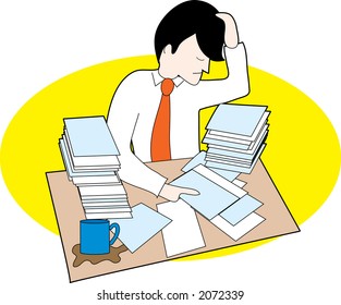 A Man Frustrated With Lots Of Papers And Messy Desk