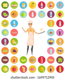 Man with frying pan vector, hobby male with cheese and juice, bottle of water and apple, broccoli and vegetables, lime and milk banana lemon burger
