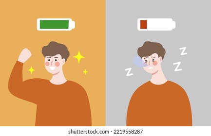 Man with Full battery above head Before and After. Boy Showing muscles arms. Sleepy Boy falling asleep. Productivity, Emotion, Burnout, lifestyle concept. Flat cartoon vector design illustration.